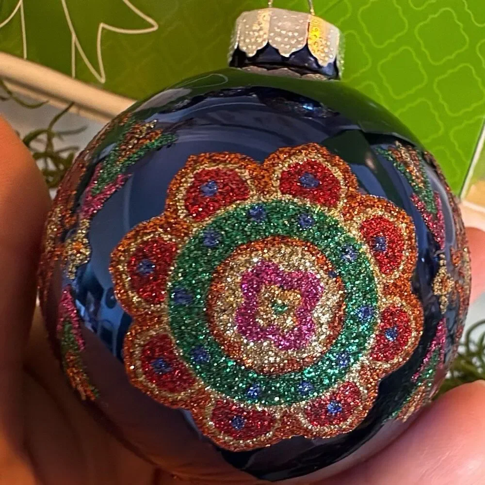 Set Boho Vera Bradley Glass Ball Ornaments Pink Eclectic Blue Pink Paisley 2012